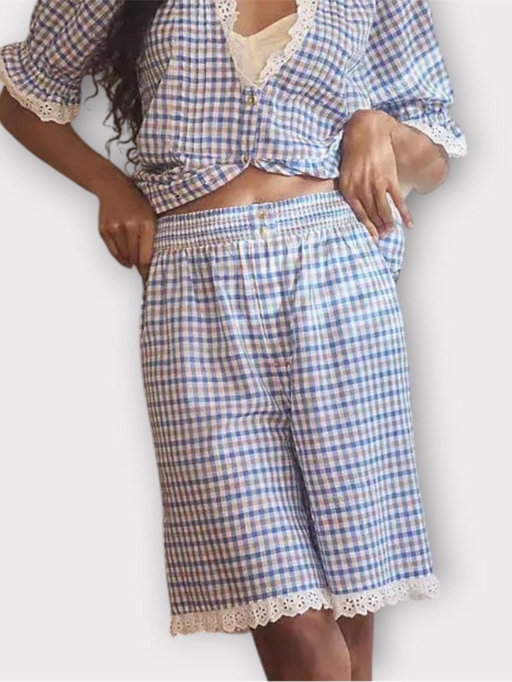 Anthropologie Lace-Trim Cotton Bermuda Shorts Gingham Size XS